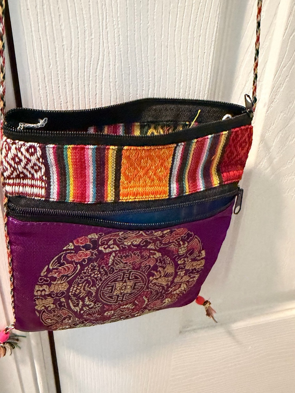Boho Purple Embroidered Crossbody Bag w/ Multicolor Trim made from Sari material